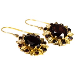 Vintage Garnet 9 Carat Gold Cluster Dangle Earrings