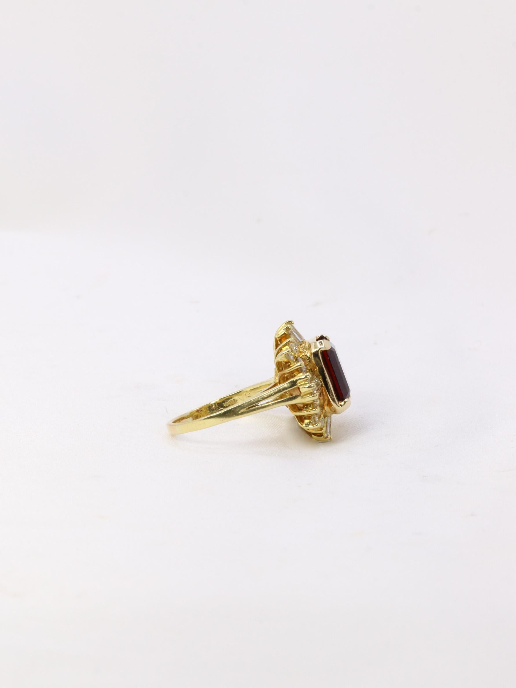 Baguette Cut Vintage garnet and baguette-cut diamond ballerina ring For Sale