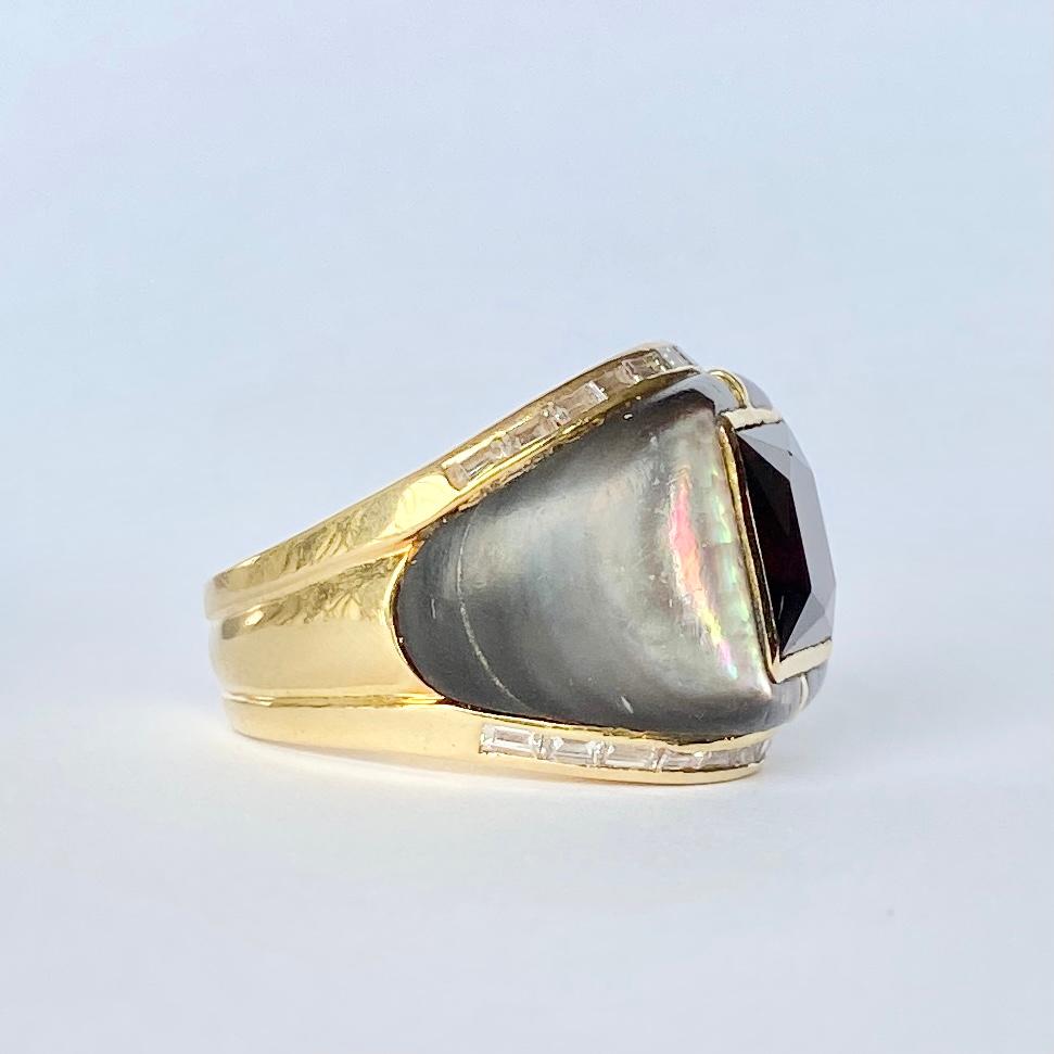 Modern Vintage Garnet and Diamond 18 Carat Gold Cocktail Ring