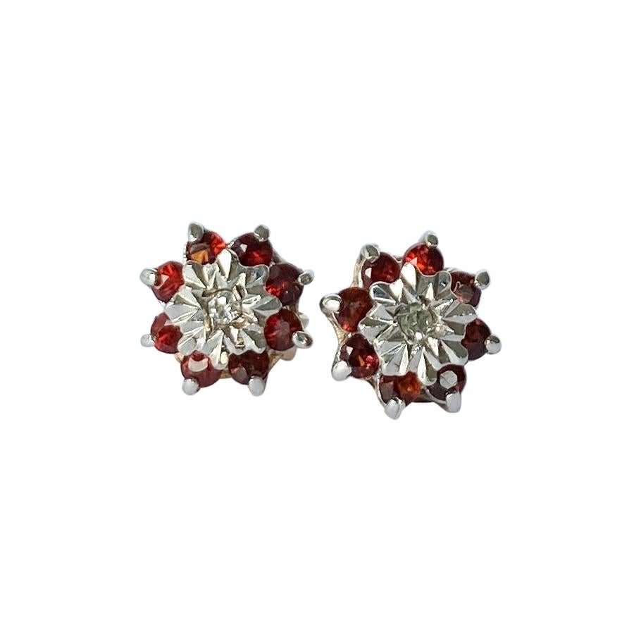 Vintage Garnet and Diamond 9 Carat Gold Cluster Stud Earrings