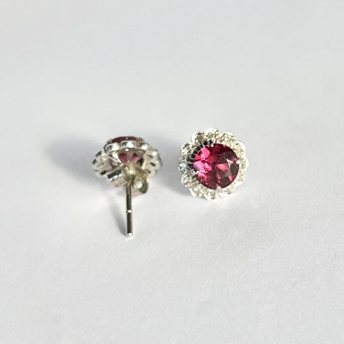 The 1ct garnets at the centre of these clusters are a beautiful deep, rich pink colour and are surrounded by a halo of glistening diamonds. The diamonds total approximately 11pts per earring. Modelled in 9ct white gold.

Cluster Diameter: 10.5mm