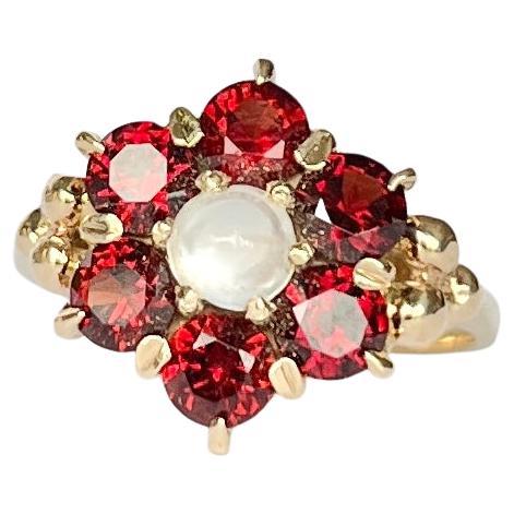 Vintage Garnet and Moonstone 9 Carat Gold Cluster Ring