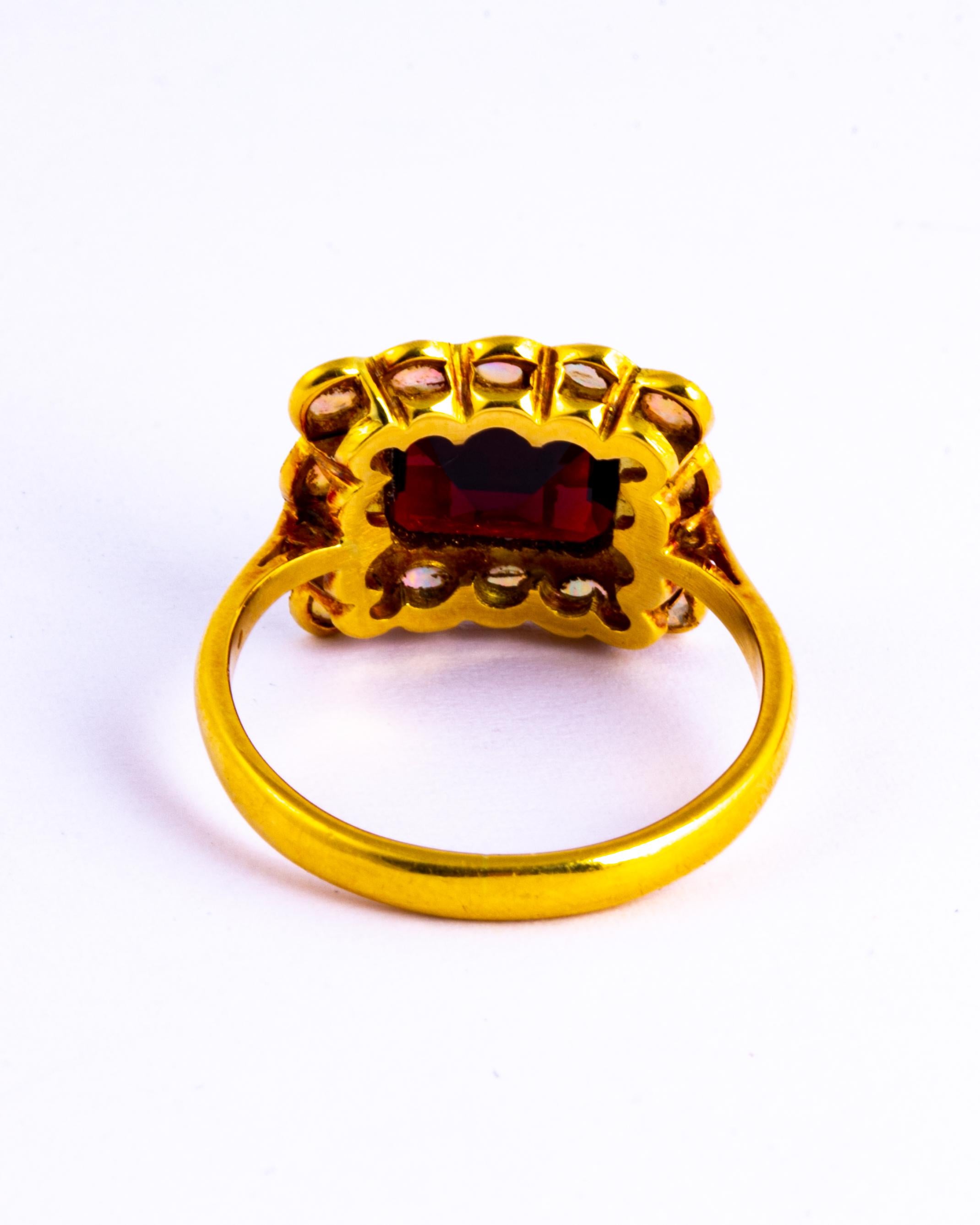 Cabochon Vintage Garnet and Opal 18 Carat Gold Cluster Panel Ring