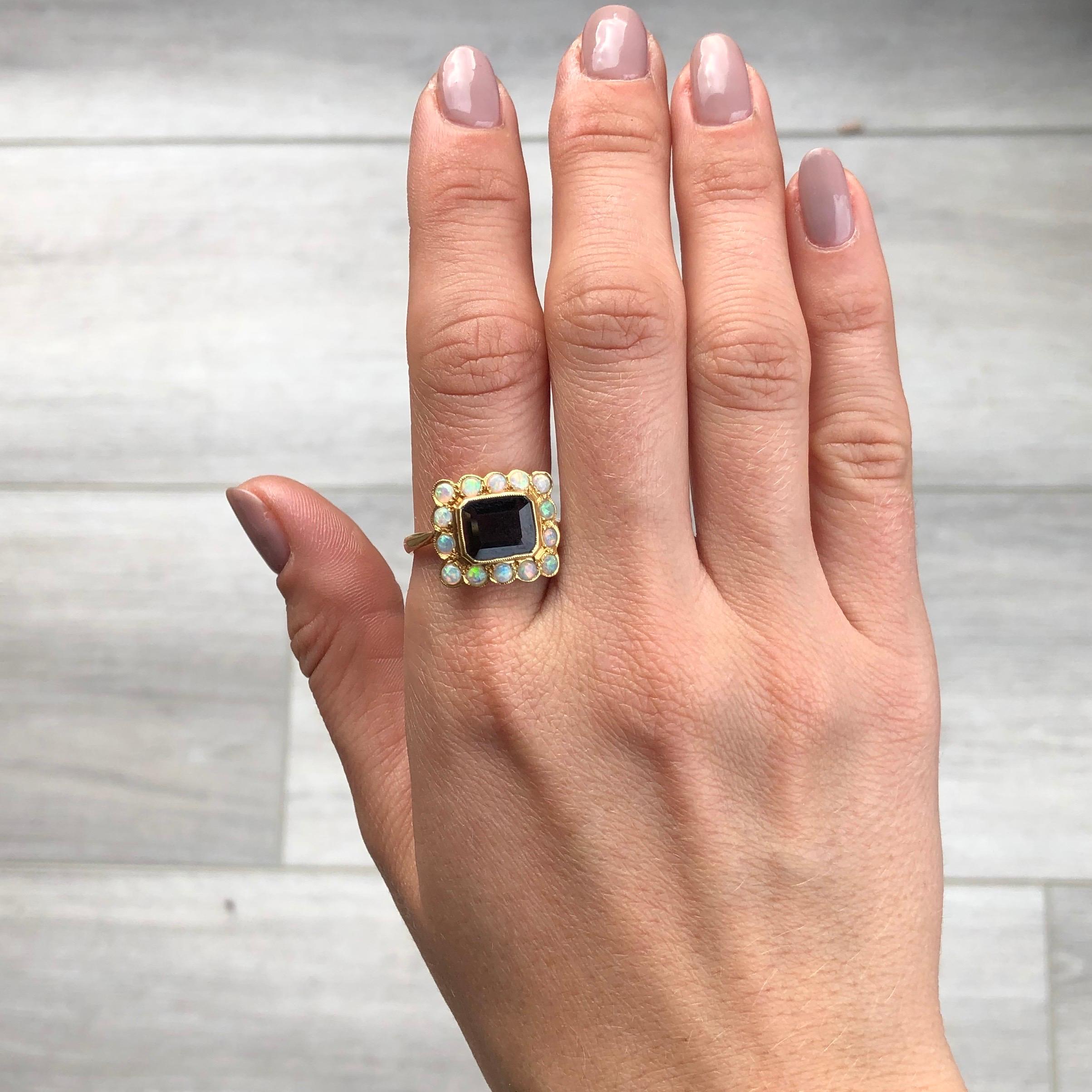 Vintage Garnet and Opal 18 Carat Gold Cluster Panel Ring In Good Condition In Chipping Campden, GB