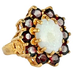 Vintage Garnet and Opal 9 Carat Gold Cluster Panel Ring