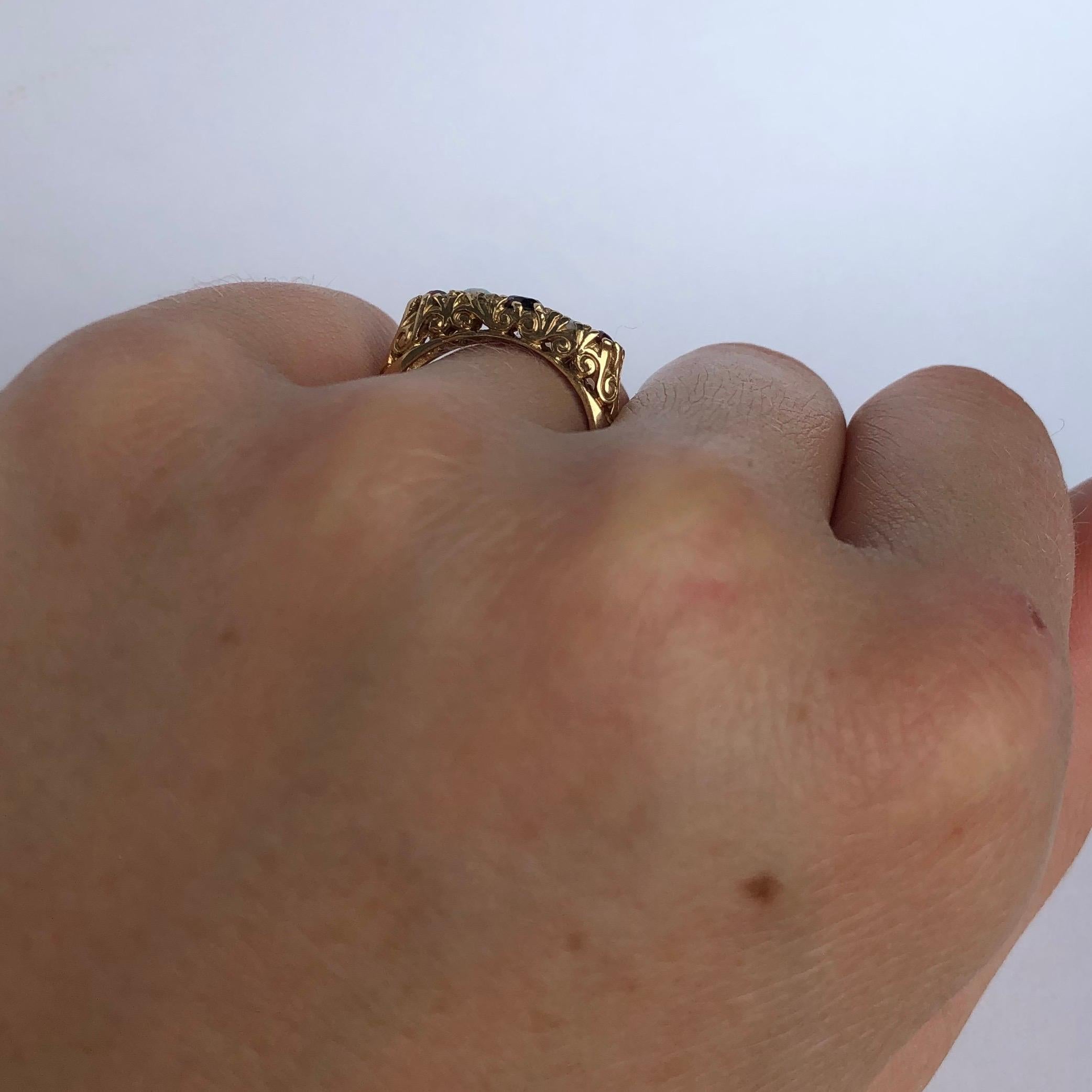 Modern Vintage Garnet and Opal 9 Carat Gold Five-Stone Ring