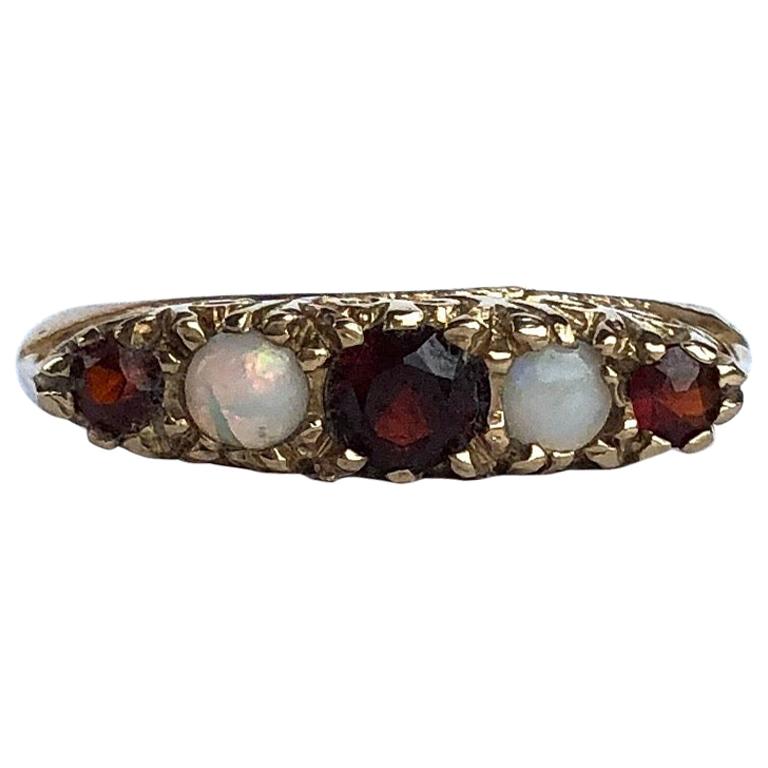 Vintage Garnet and Opal 9 Carat Gold Five-Stone Ring