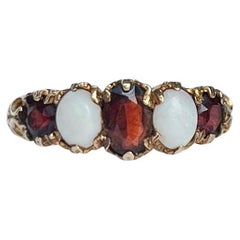 Antique Garnet and Opal 9 Carat Gold Five-Stone Ring