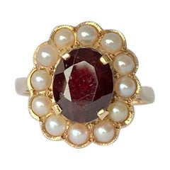 Vintage Garnet and Pearl 9 Carat Gold Cluster Ring