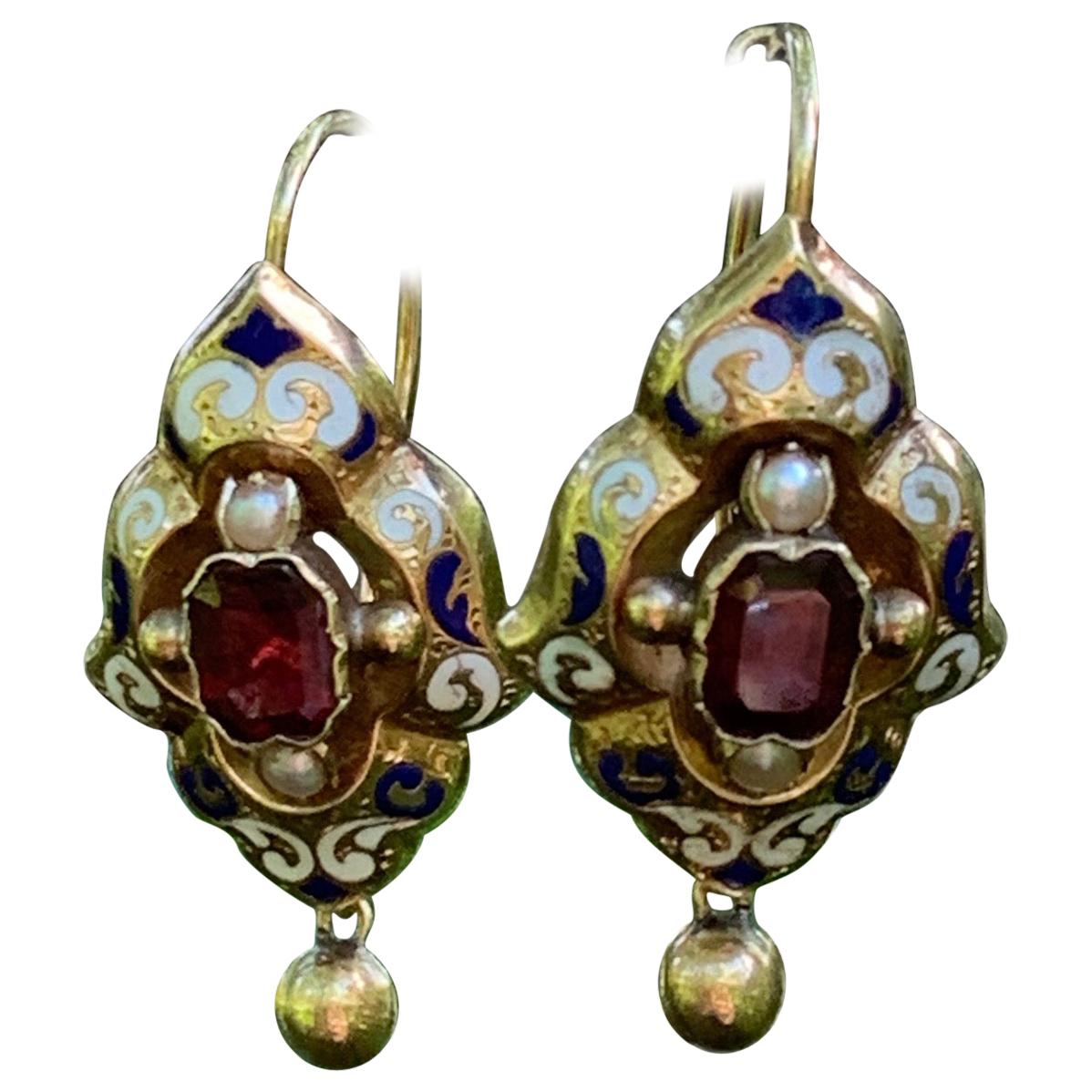 Vintage Garnet and Pearl Enamel Gold Drop Earrings