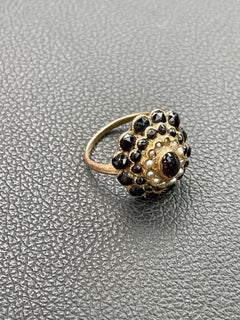 Vintage Garnet and Pearl Halo Cluster 14 Karat Yellow Gold Cluster Ring