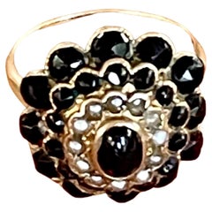 Vintage Garnet and Pearl Halo Cluster 14 Karat Yellow Gold Cluster Ring