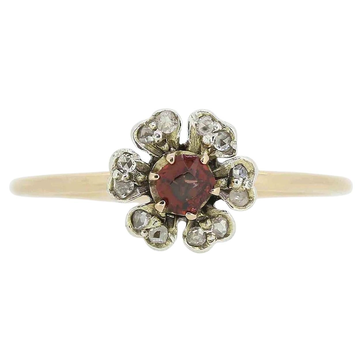 Vintage Garnet and Rose Cut Diamond Flower Ring For Sale