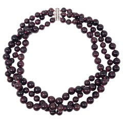 Vintage Garnet Bead Multi Strand Necklace, Sterling Silver Clasp, 20th Century