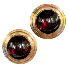 Vintage Garnet Cabochon 14 Karat Yellow Gold Pierced Earrings with Omega Back