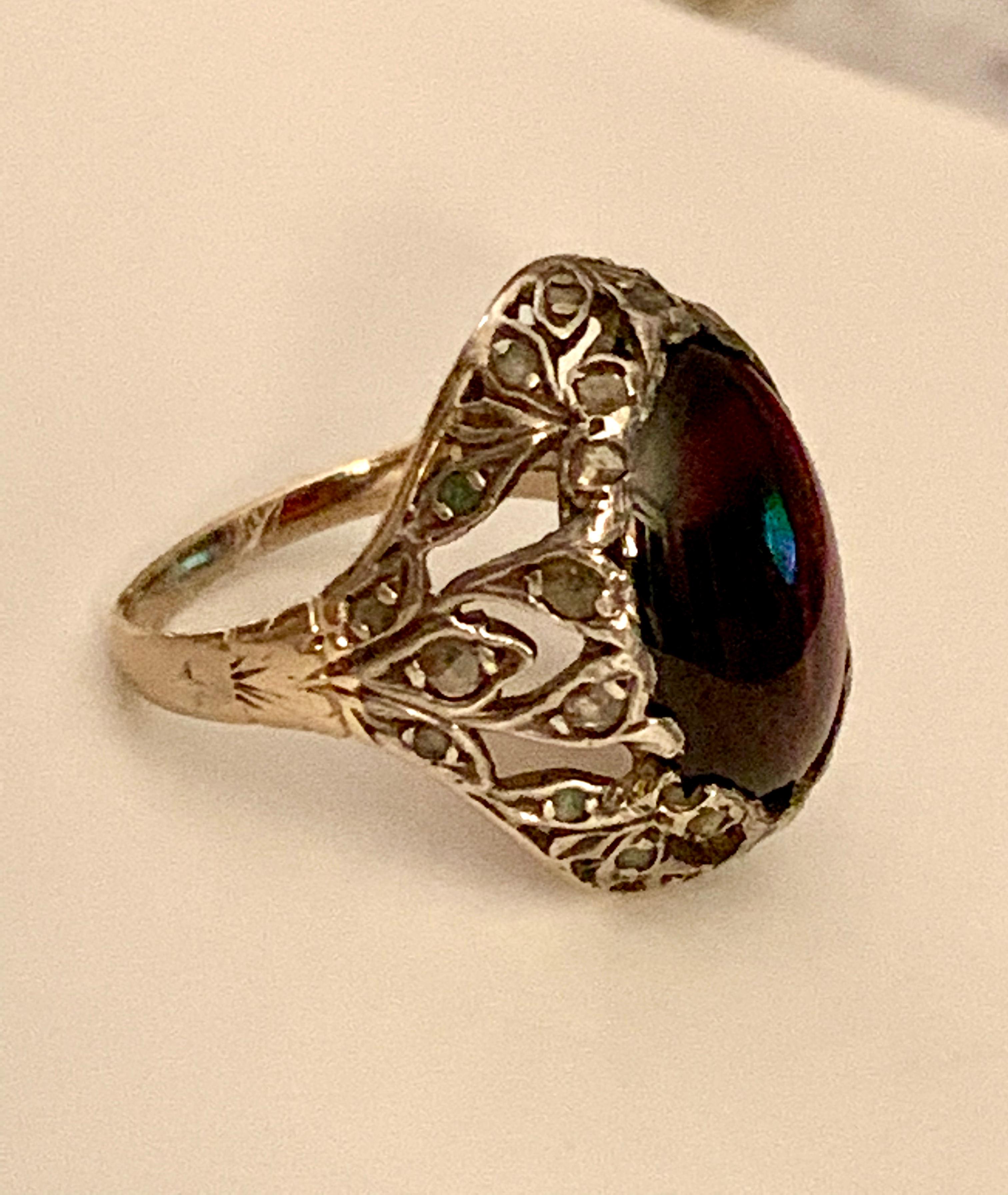 Vintage Garnet Cabochon and Rose Cut Diamond 14 Karat Yellow Gold Ring In Good Condition In St. Louis Park, MN