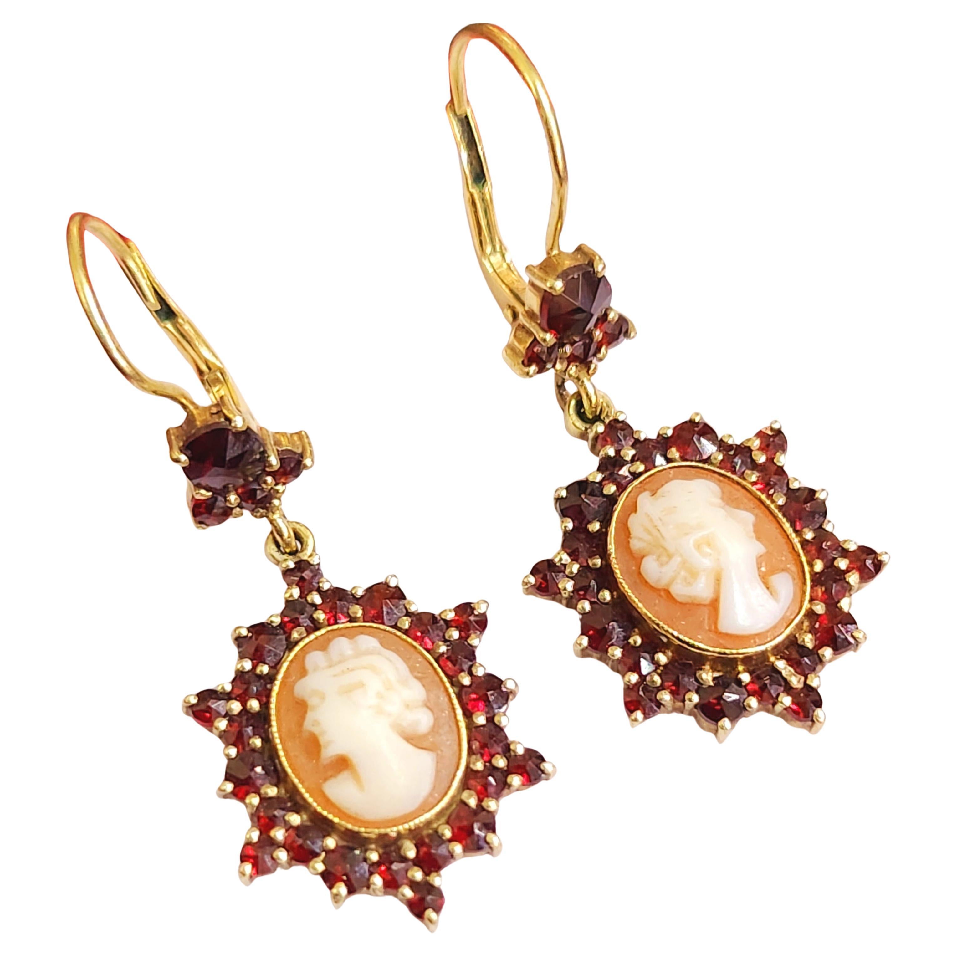 Women's Vintage Garnet Cameo Gold Earrings For Sale
