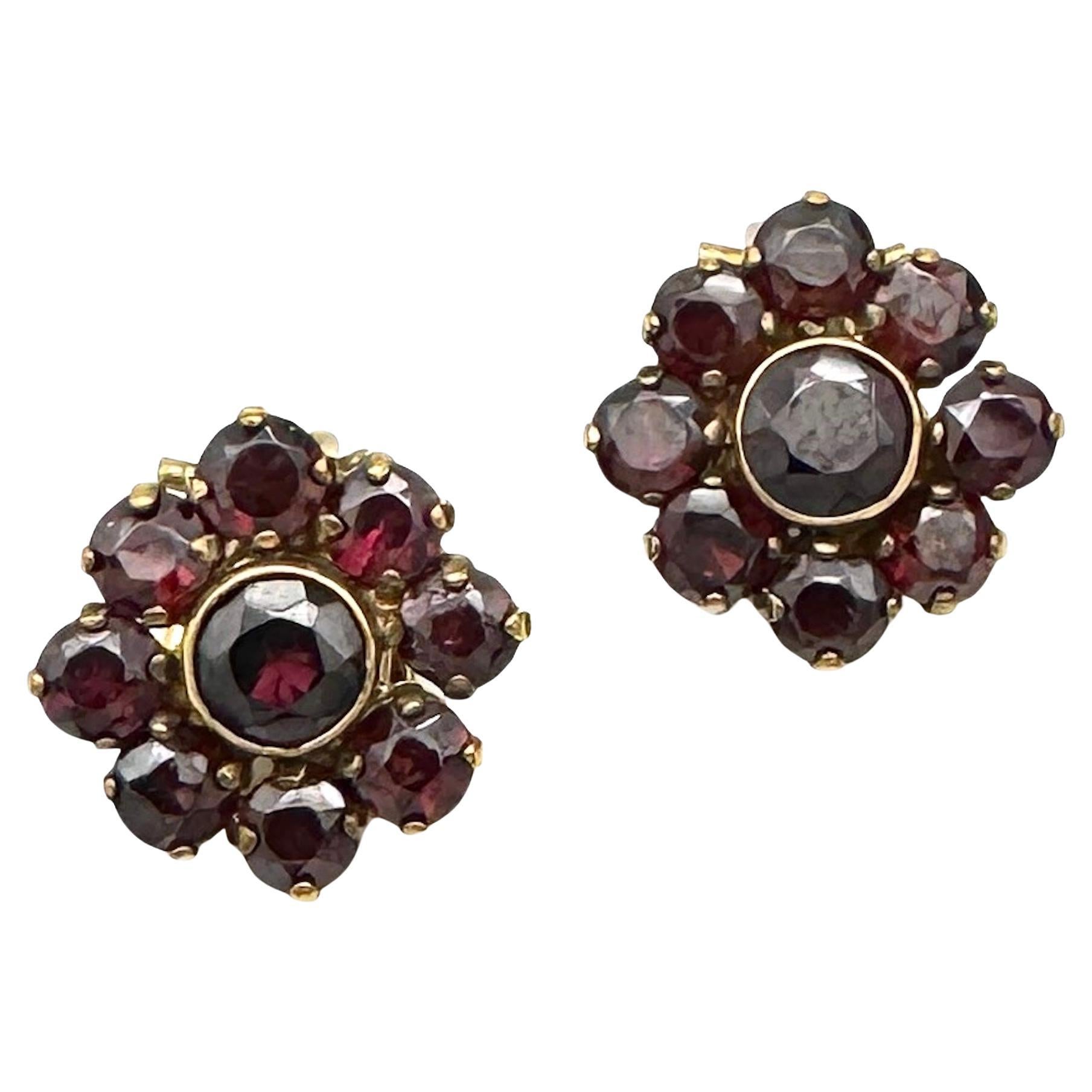 Vintage Garnet Clip- On- Earrings Garnet Flowers