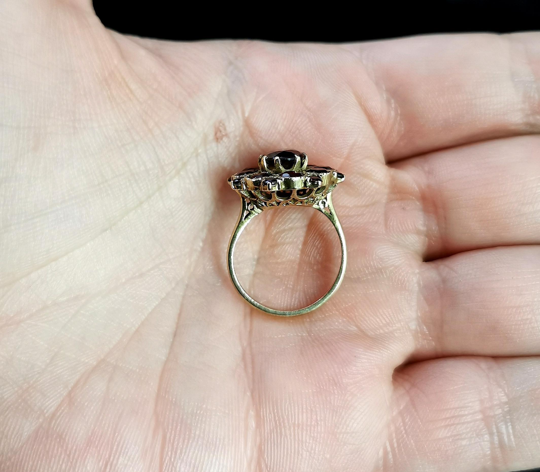 Vintage Garnet Cluster Ring, 9 Karat Yellow Gold, Statement Ring 2