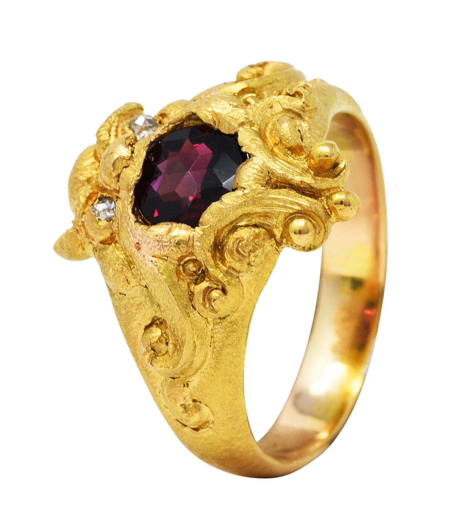 Vintage Garnet Diamond 18 Karat Gold Unisex Gargoyle Ring 2