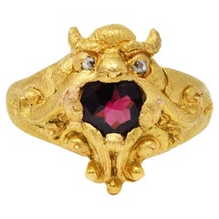 Vintage Garnet Diamond 18 Karat Gold Unisex Gargoyle Ring