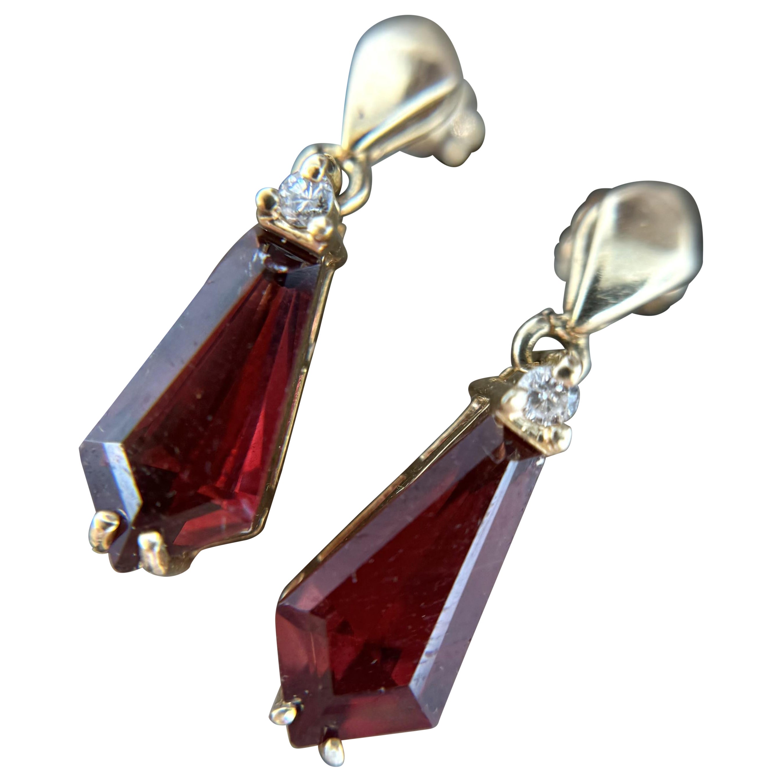 Vintage Garnet & Diamond Dangle Earrings 14K Yellow Gold