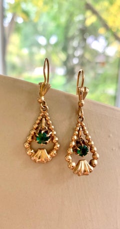 Vintage Garnet Glass Stones 18 Karat Yellow Gold Shepherd's Hook Dangle Earrings