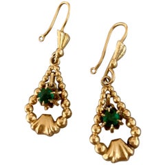 Vintage Garnet Glass Stones 18 Karat Yellow Gold Shepherd's Hook Dangle Earrings