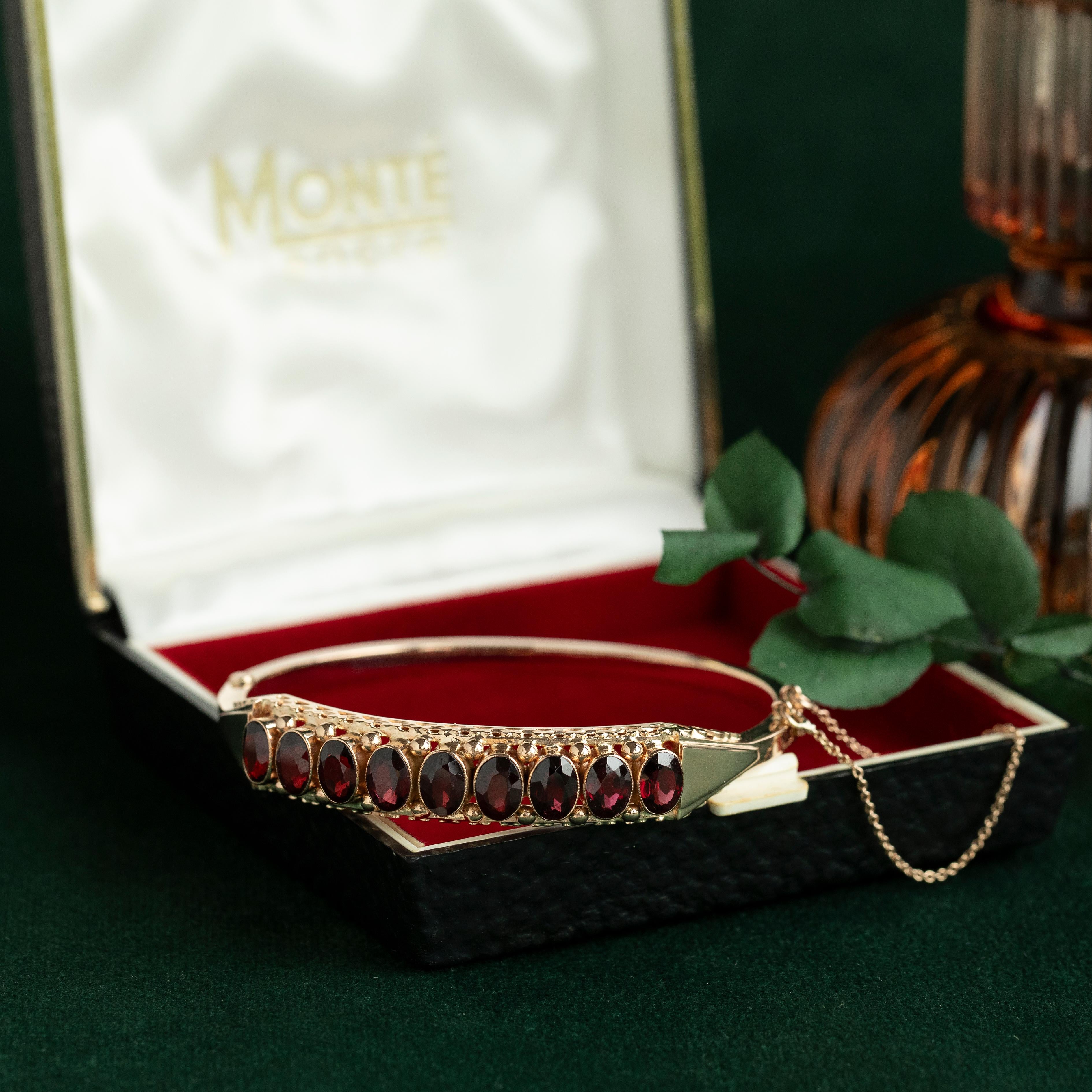 Vintage Granat Linie Armband Armreif, 14K Rose Gold Estate Jewelry für Damen oder Herren im Angebot