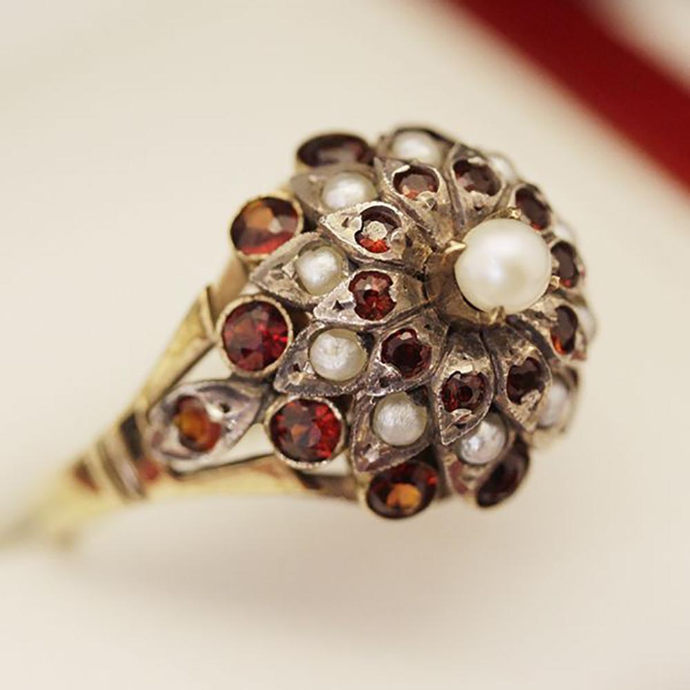Vintage Garnet & Pearl Cluster Ring For Sale 7
