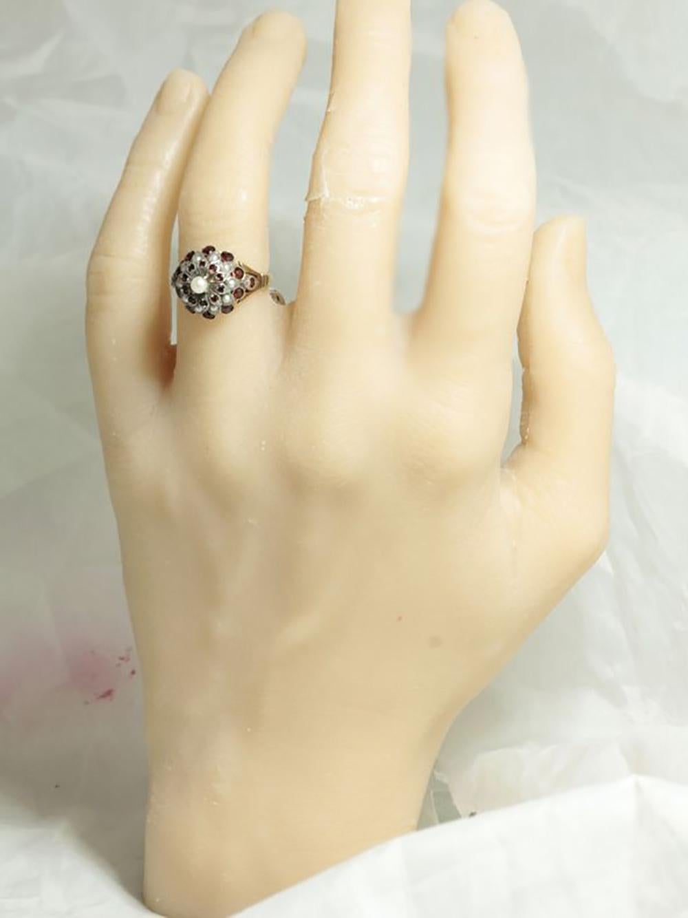 Vintage Garnet & Pearl Cluster Ring For Sale 8