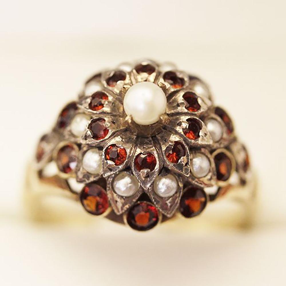 Women's Vintage Garnet & Pearl Cluster Ring For Sale