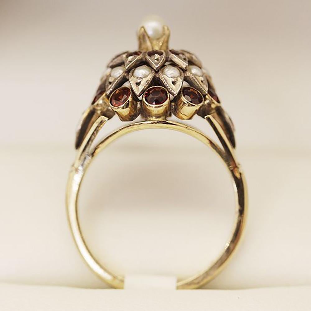 Vintage Garnet & Pearl Cluster Ring For Sale 4