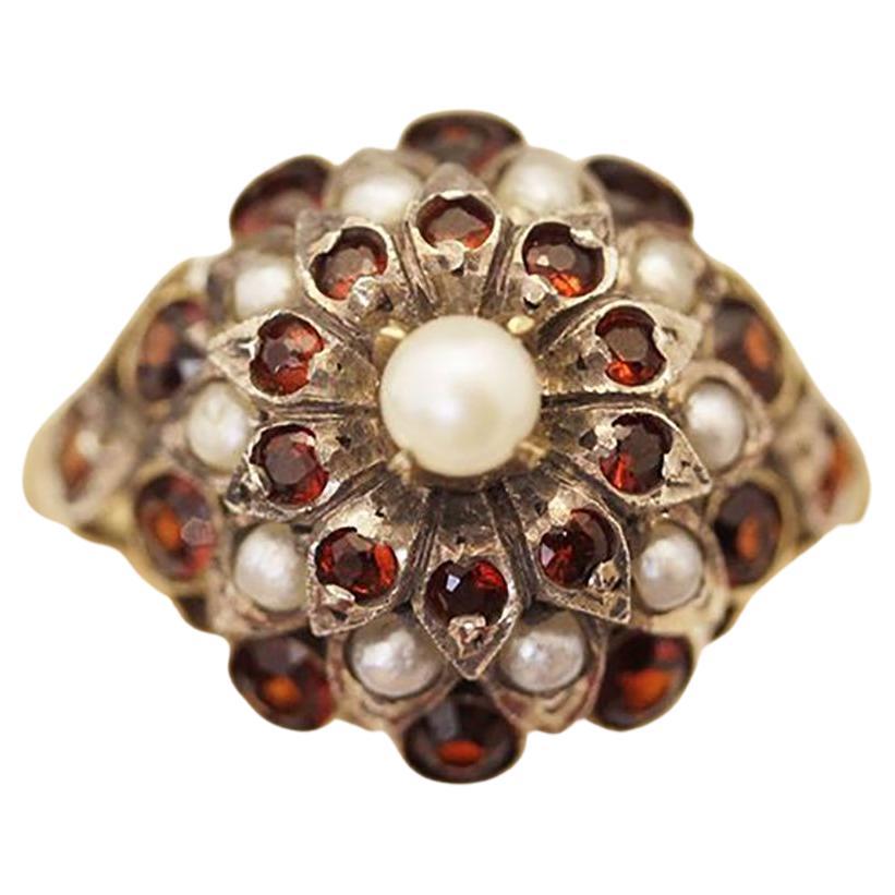 Vintage Garnet & Pearl Cluster Ring For Sale