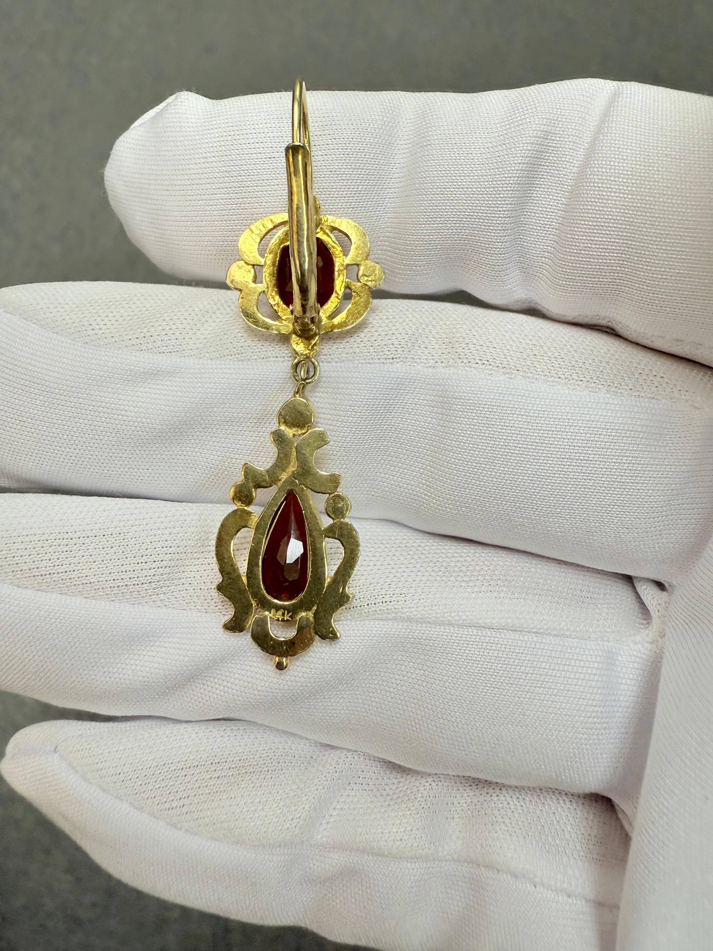Vintage Garnet Pearl Drop Earrings 14k Yellow Gold For Sale 8