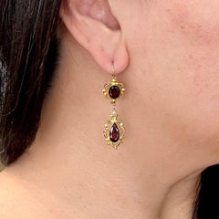 Vintage Garnet Pearl Drop Earrings 14k Yellow Gold