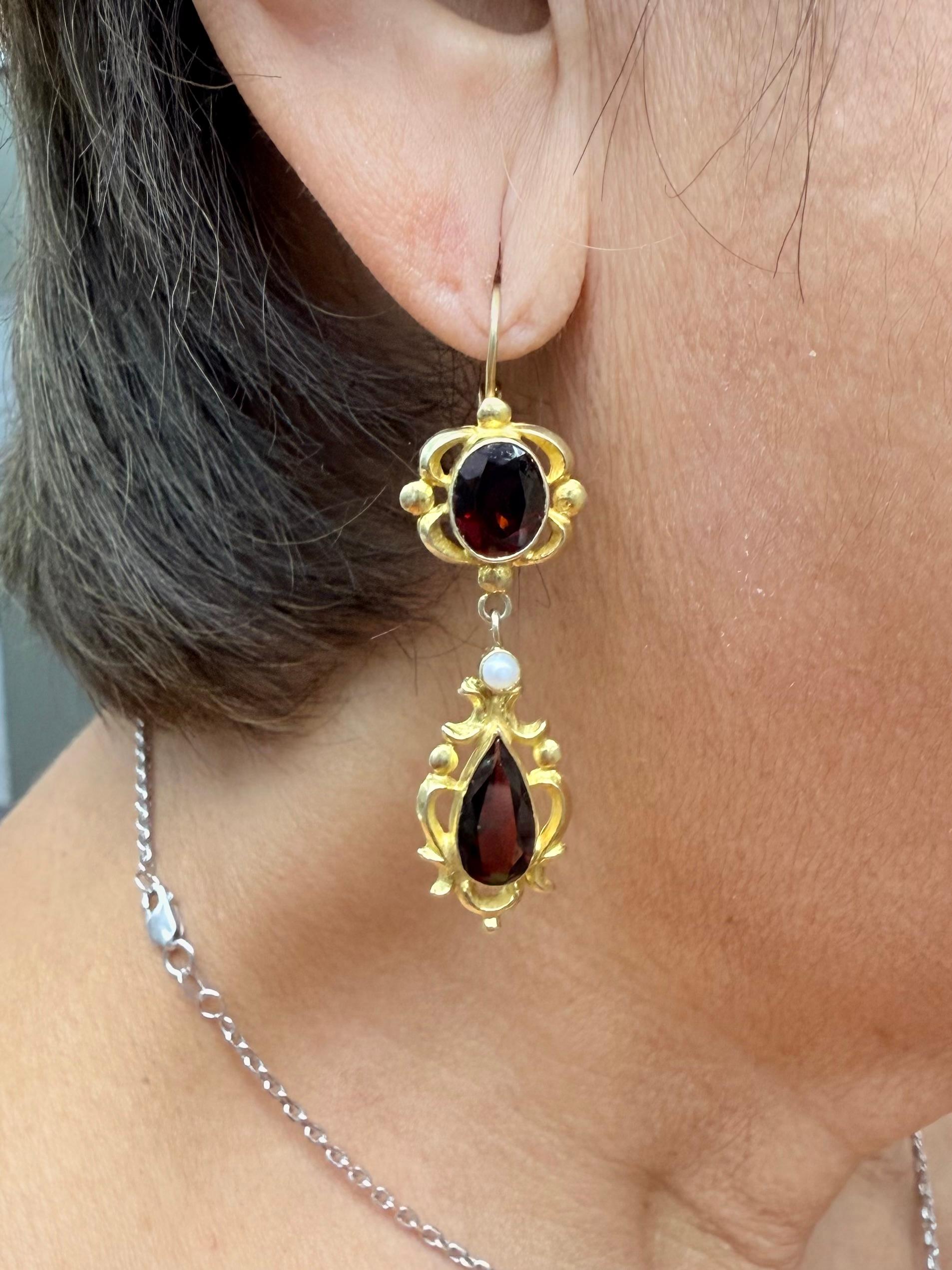 Modern Vintage Garnet Pearl Drop Earrings 14k Yellow Gold For Sale