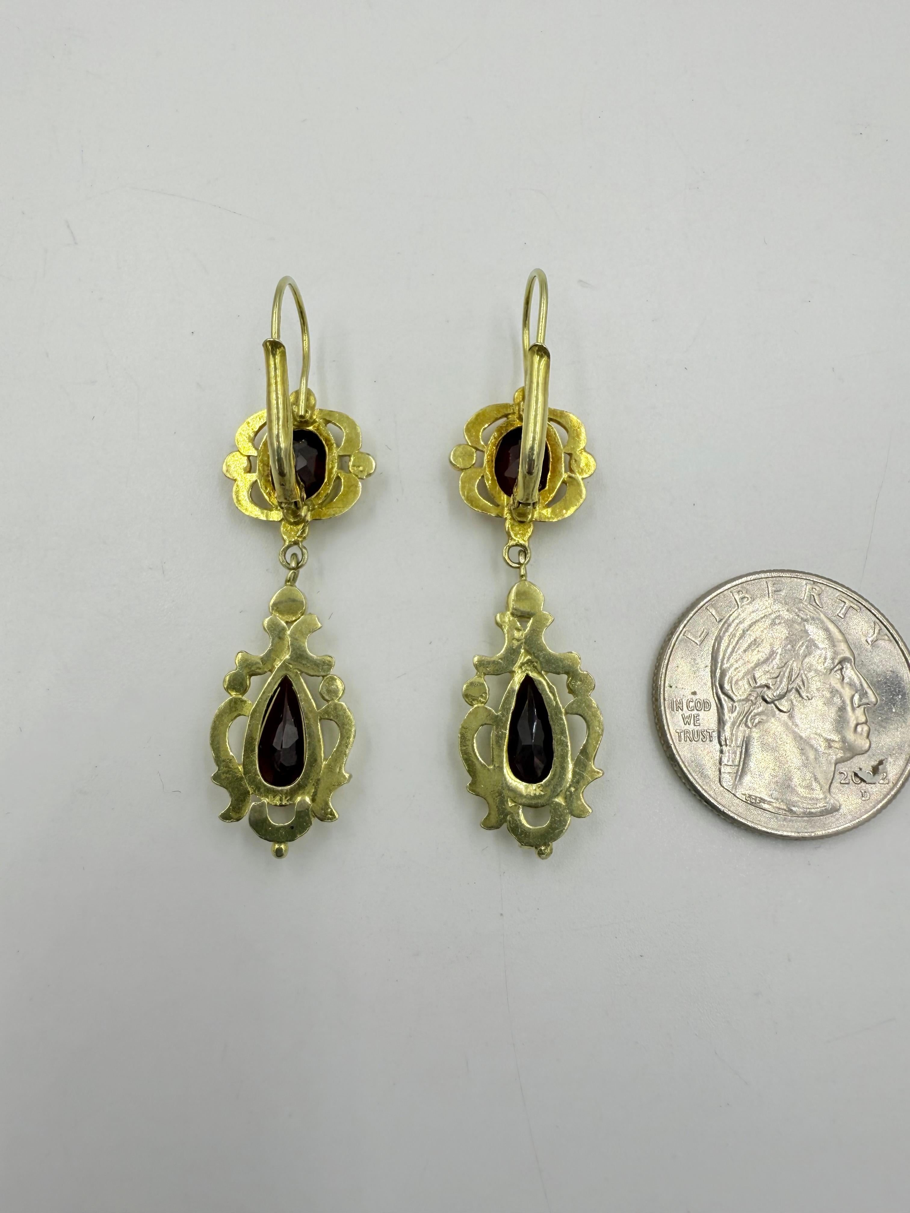 Vintage Garnet Pearl Drop Earrings 14k Yellow Gold For Sale 3