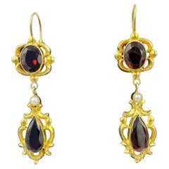 Vintage Garnet Pearl Drop Earrings 14k Yellow Gold