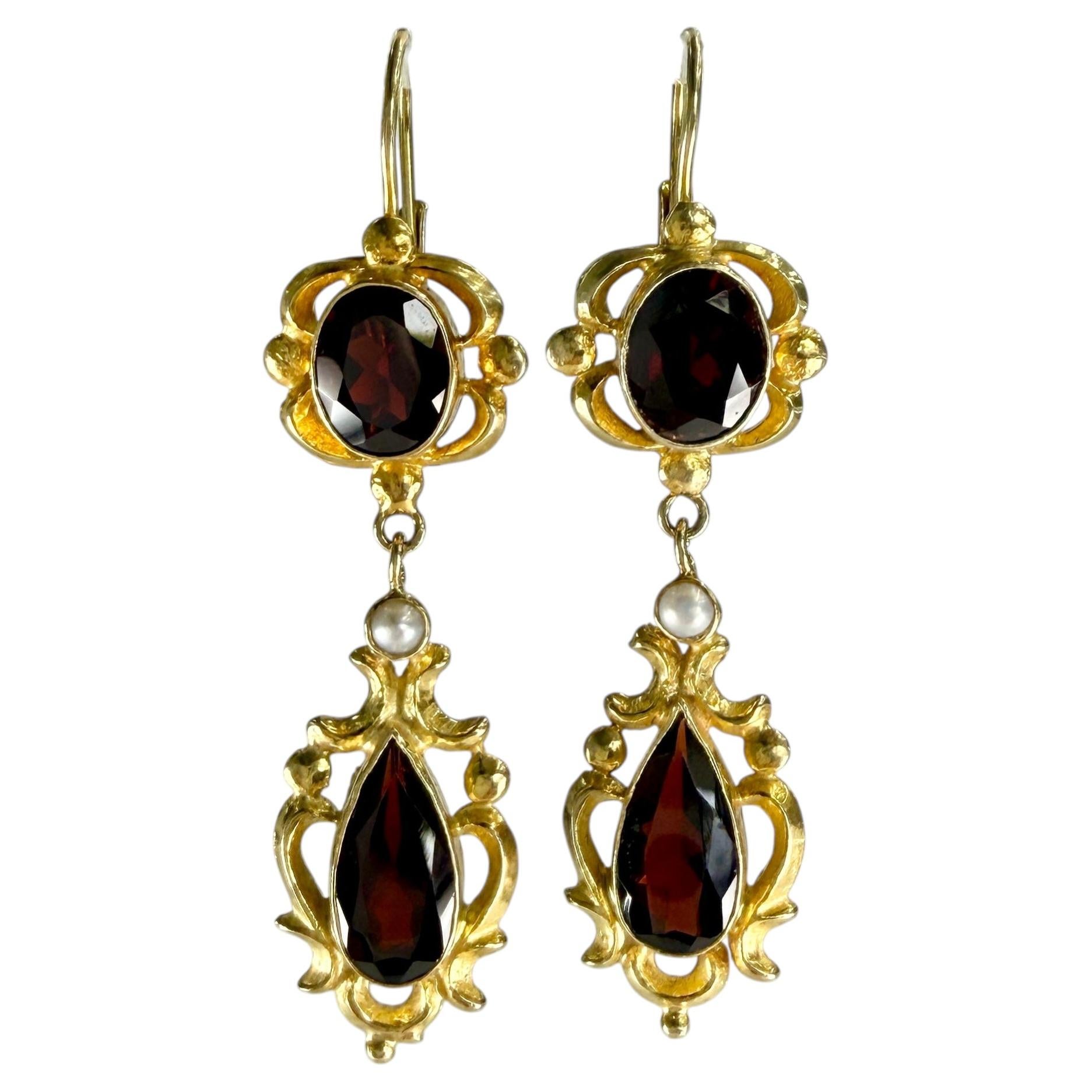 Vintage Garnet Pearl Drop Earrings 14k Yellow Gold