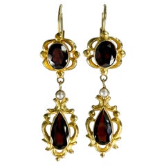 Vintage Garnet Pearl Drop Earrings 14k Yellow Gold