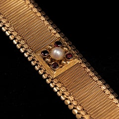 Vintage Garnet Pearl Mesh Bracelet 19.2K Yellow Gold Portuguese 1960s-1980s