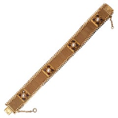 Vintage Garnet Pearl Mesh Bracelet 19.2K Yellow Gold Portuguese 1960s-1980s