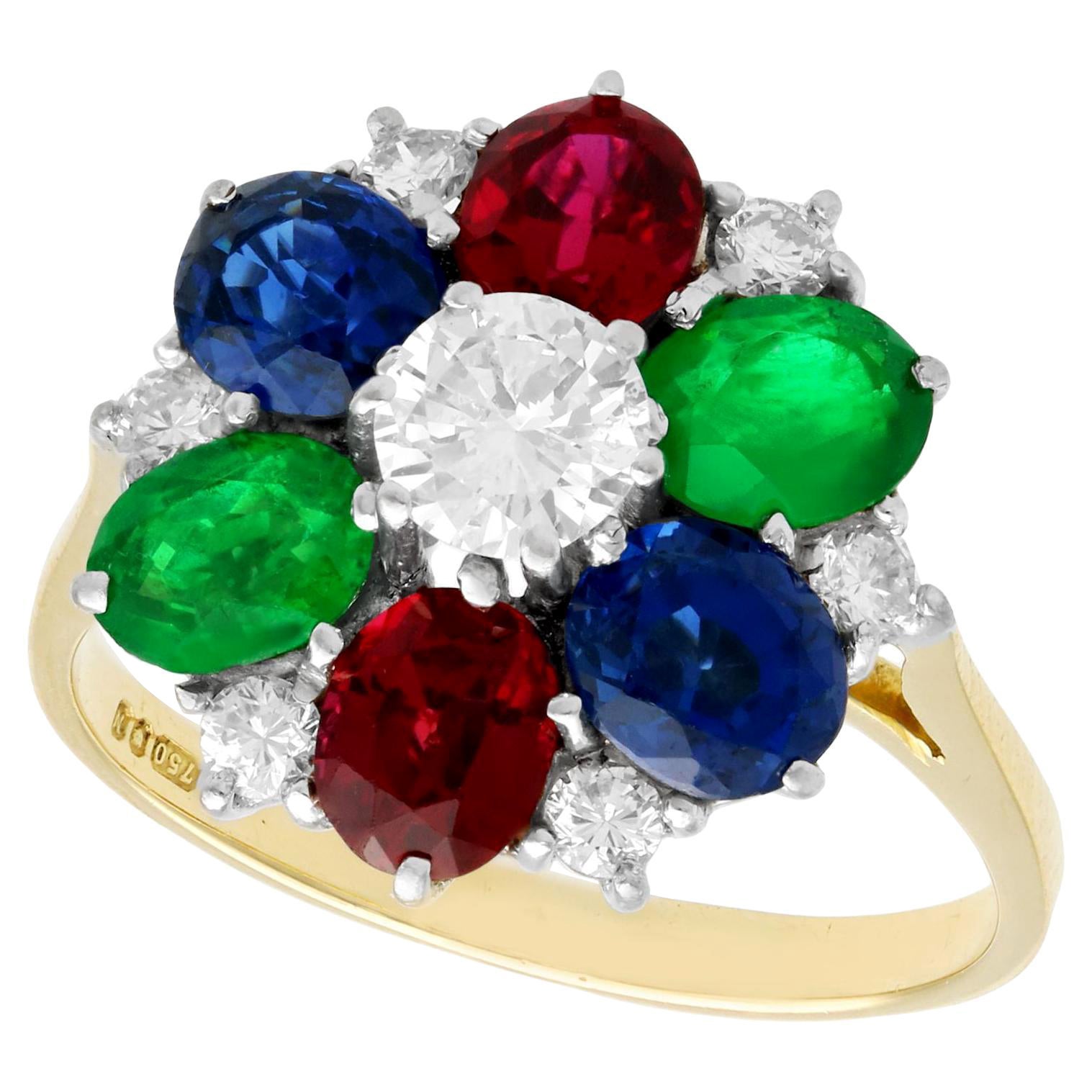Bague vintage grappe de grenats, saphirs, émeraudes et diamants