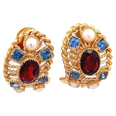 Vintage Garnet Sapphire Pearl 18 Karat Yellow Gold Ear Clips