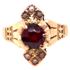 Victorian Garnet Ring .75ct Round Seed Pearls Original 1860's Antique 14K