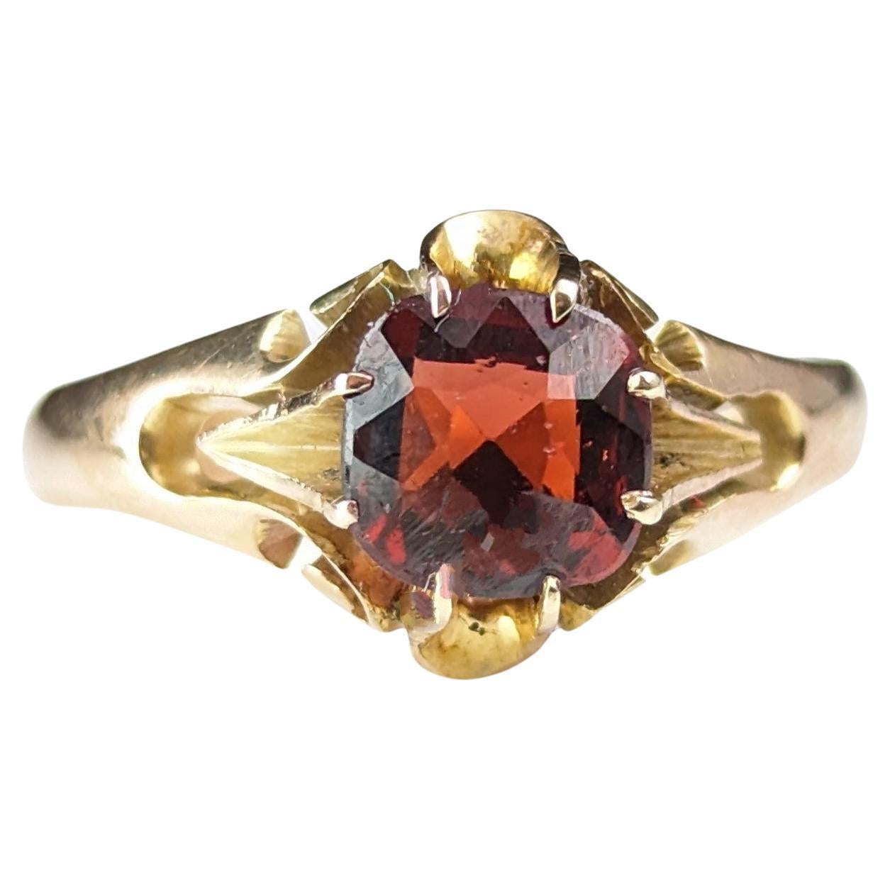Anillo solitario vintage de granate, oro amarillo de 9 quilates, Art Déco