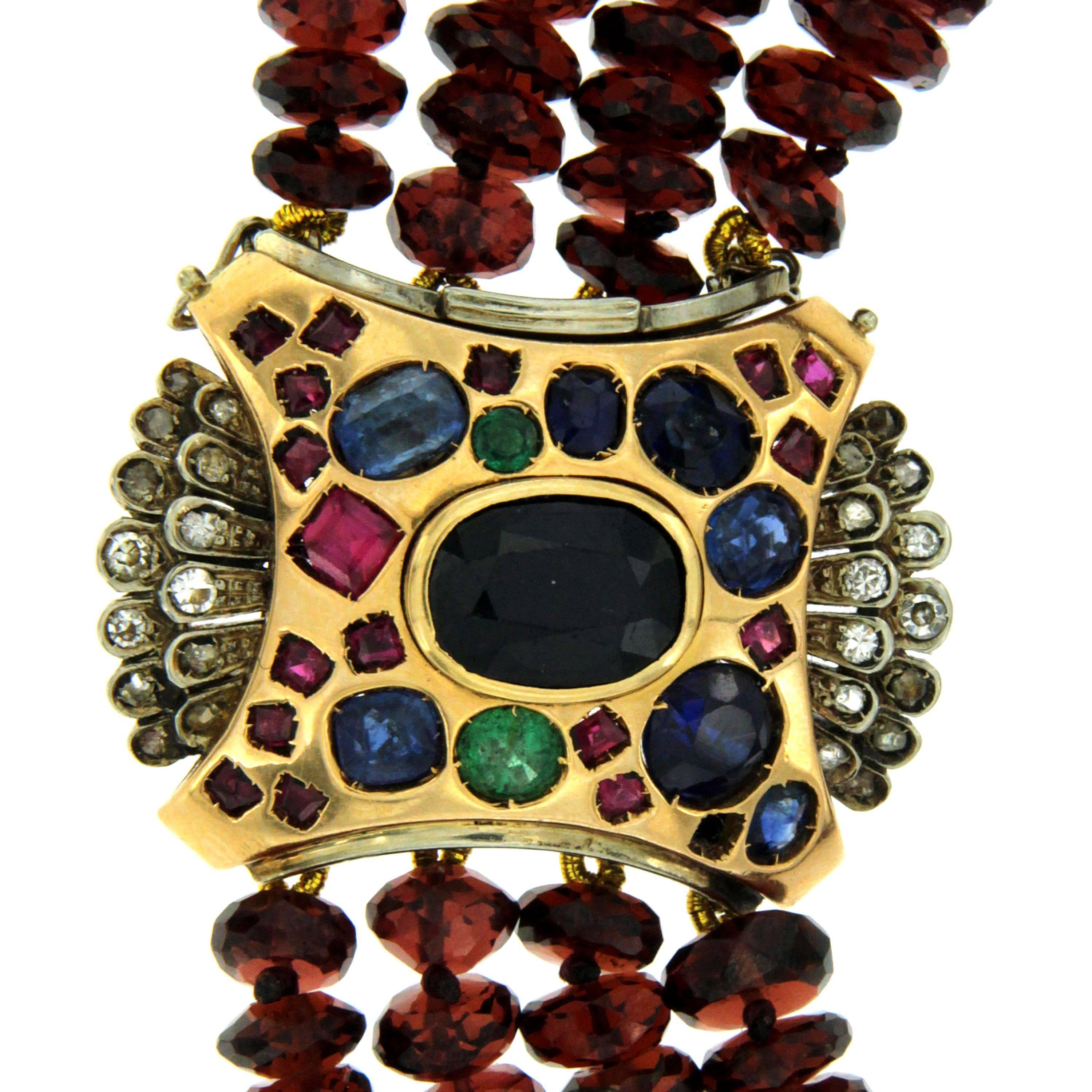 Women's Vintage Garnet Three-Strand Necklace Diamond Sapphire Ruby Emerald Clasp