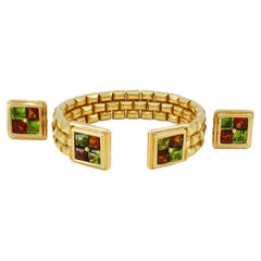 Vintage Garrard 18k Gold Gems Cuff Bracelet Earrings Set Estate Jewelry