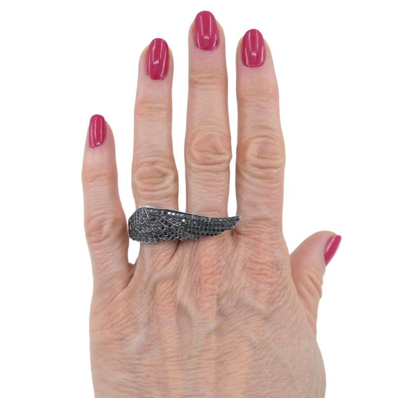 Vintage Garrard Black Diamond Wing Ring 18k Gold For Sale 3